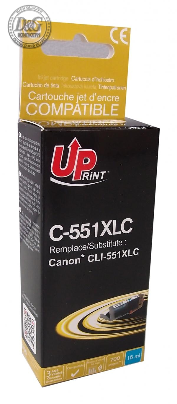 Мастилница UPRINT CLI-551XL CANON, С чип, Cyan