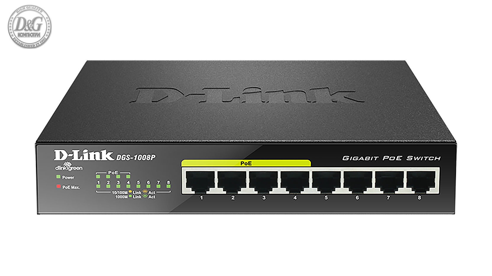Суич D-Link DGS-1008P, 8 портов PoE, 10/100/1000, Gigabit,