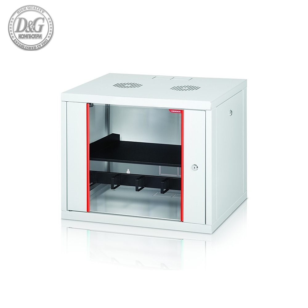 Formrack 19" Wall Mounted rack 9U 555/450mm, removable locking sides, height: 460mm, loading capacity: 100kg., tempered glass door, 19" front rails (back rails optionable)