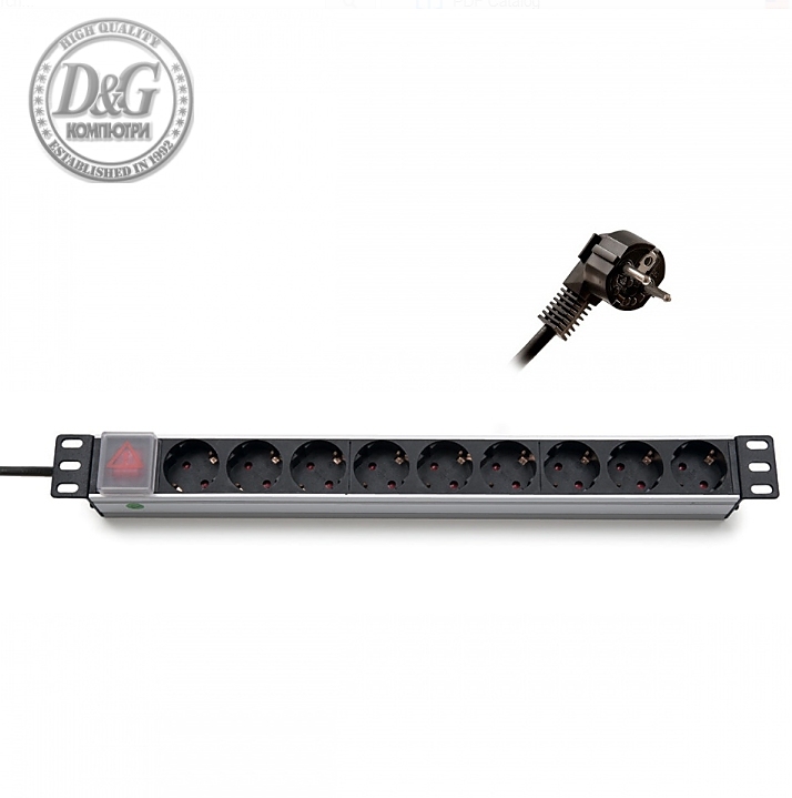 Formrack 19" 9 way power outlet strip (Schuko 230V) with on/off switch Aluminium 1U