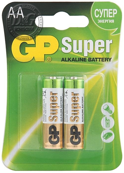 Алкална батерия GP SUPER LR6 AA /2 бр. в опаковка/ 1.5V GP, GP15A