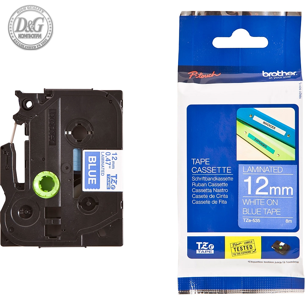 Brother TZe-535 Tape, White on Blue, Laminated, 12mm, 8m