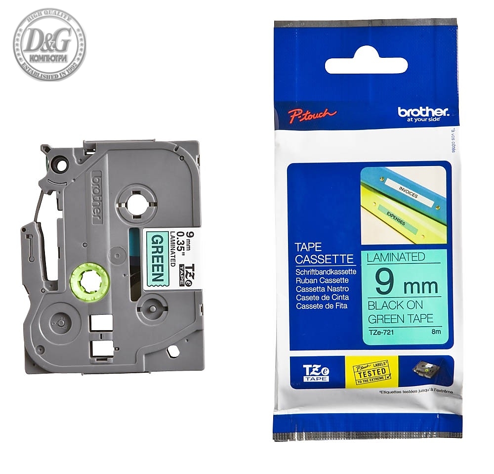 Brother TZe-721 Tape Black on Green, Laminated, 9mm, 8m - Eco