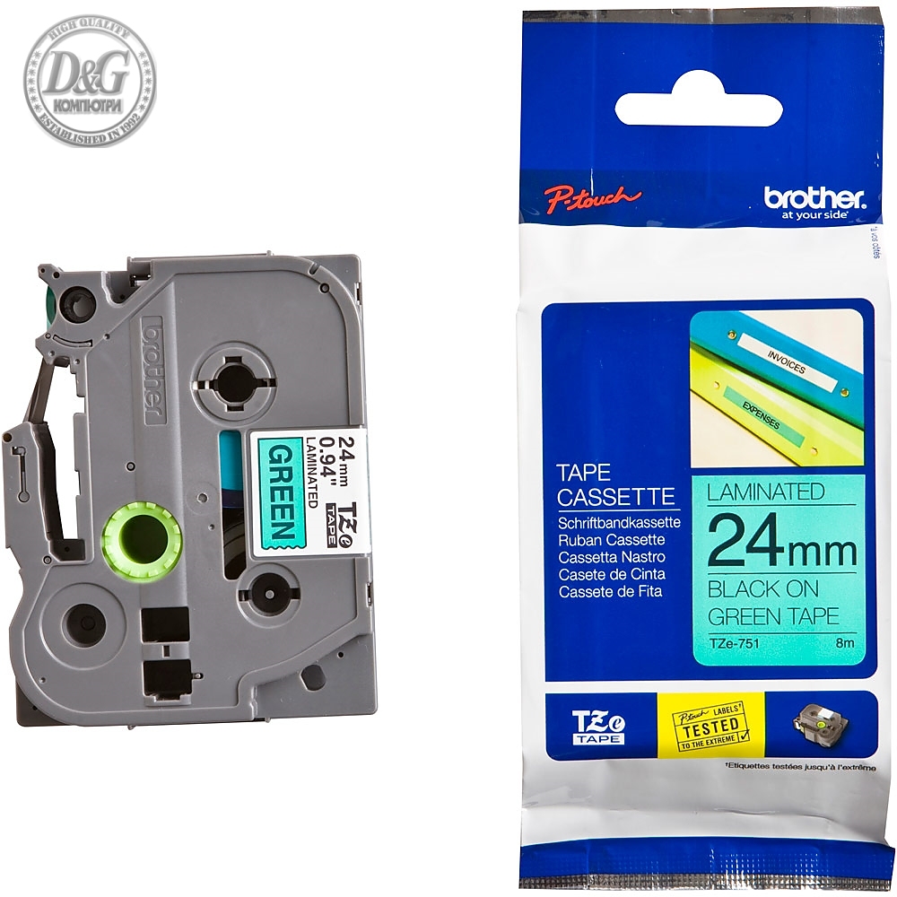 Brother TZe-751 Tape Black on Green, Laminated, 24mm, 8 m - Eco