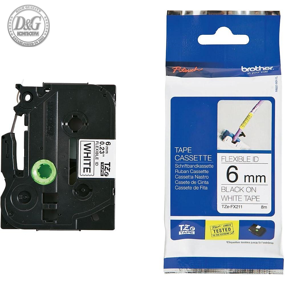 Brother TZe-FX211 Tape, Black on White, Flexible, 6mm, 8m