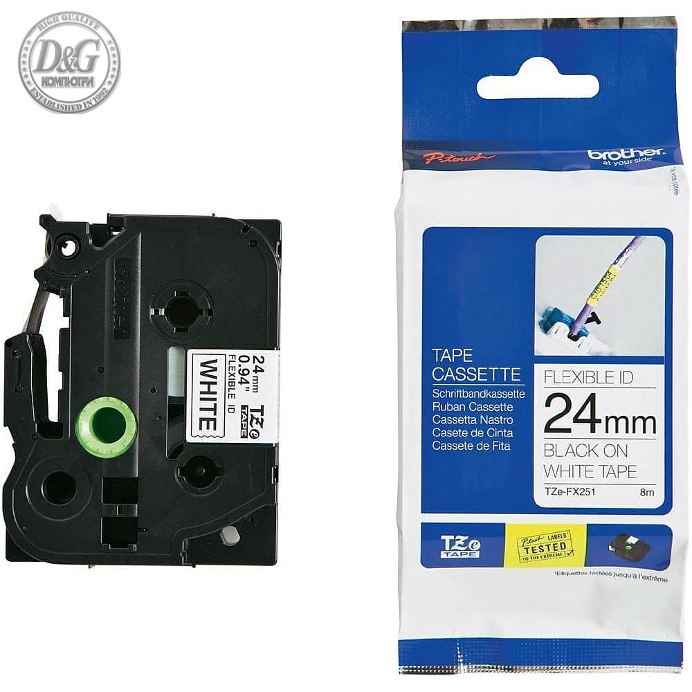Brother TZe-FX251 Tape Black on White, Flexible ID, 24mm, 8m