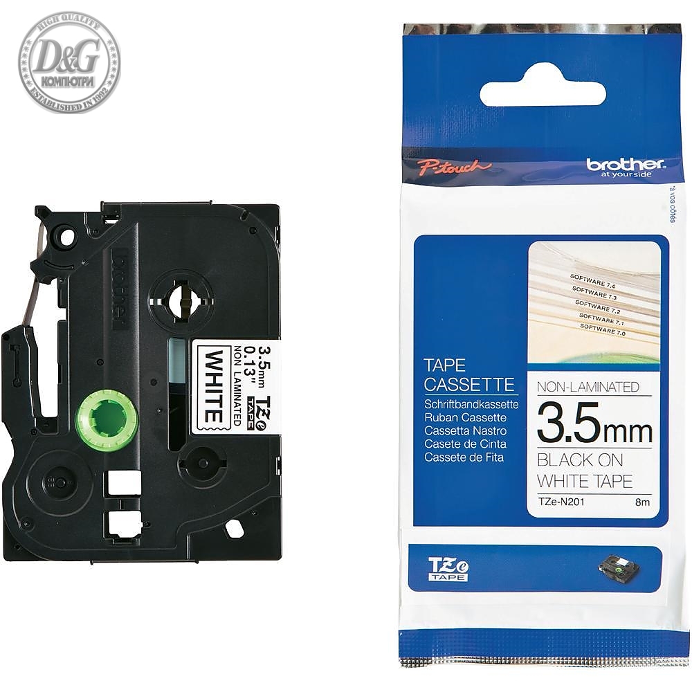 Brother TZe-N201 Tape, Black on White, Non Laminated, 3.5mm, 8m