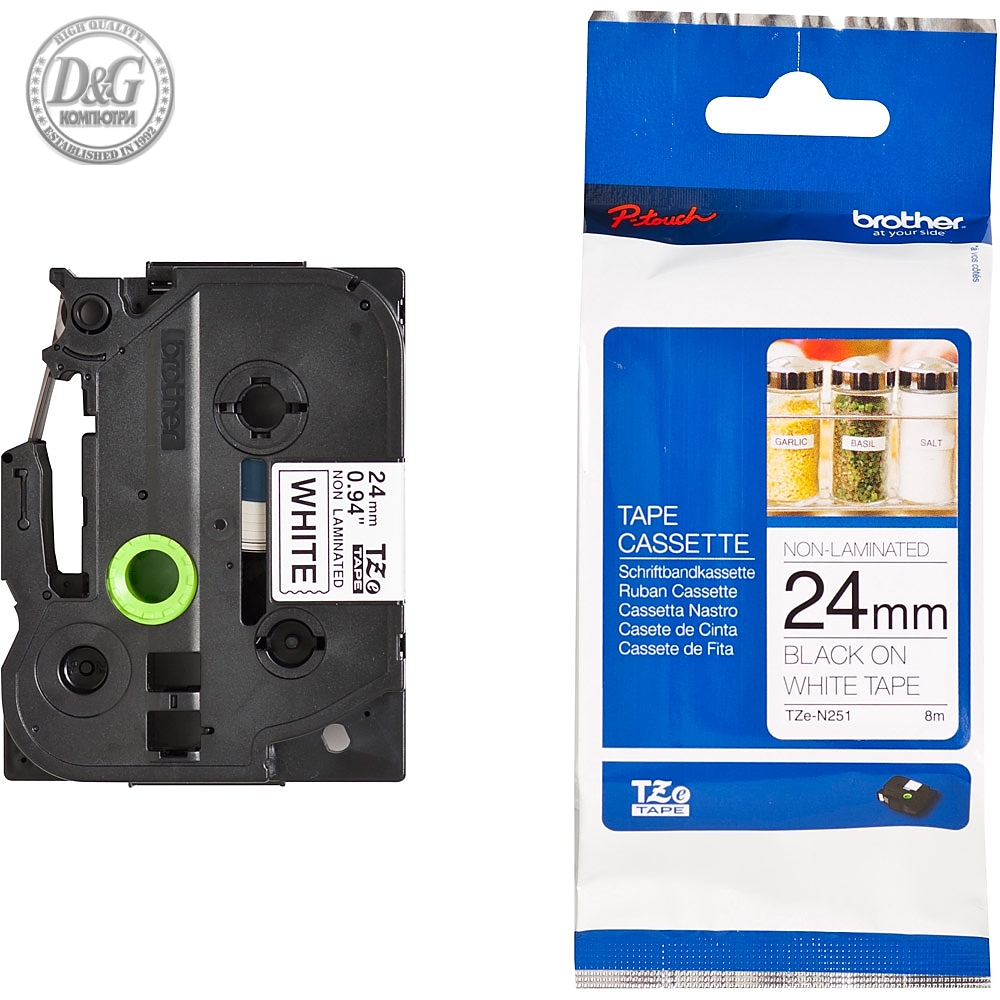 Brother TZe-N251 Tape Black on White, Non Laminated, 24mm, 8 m