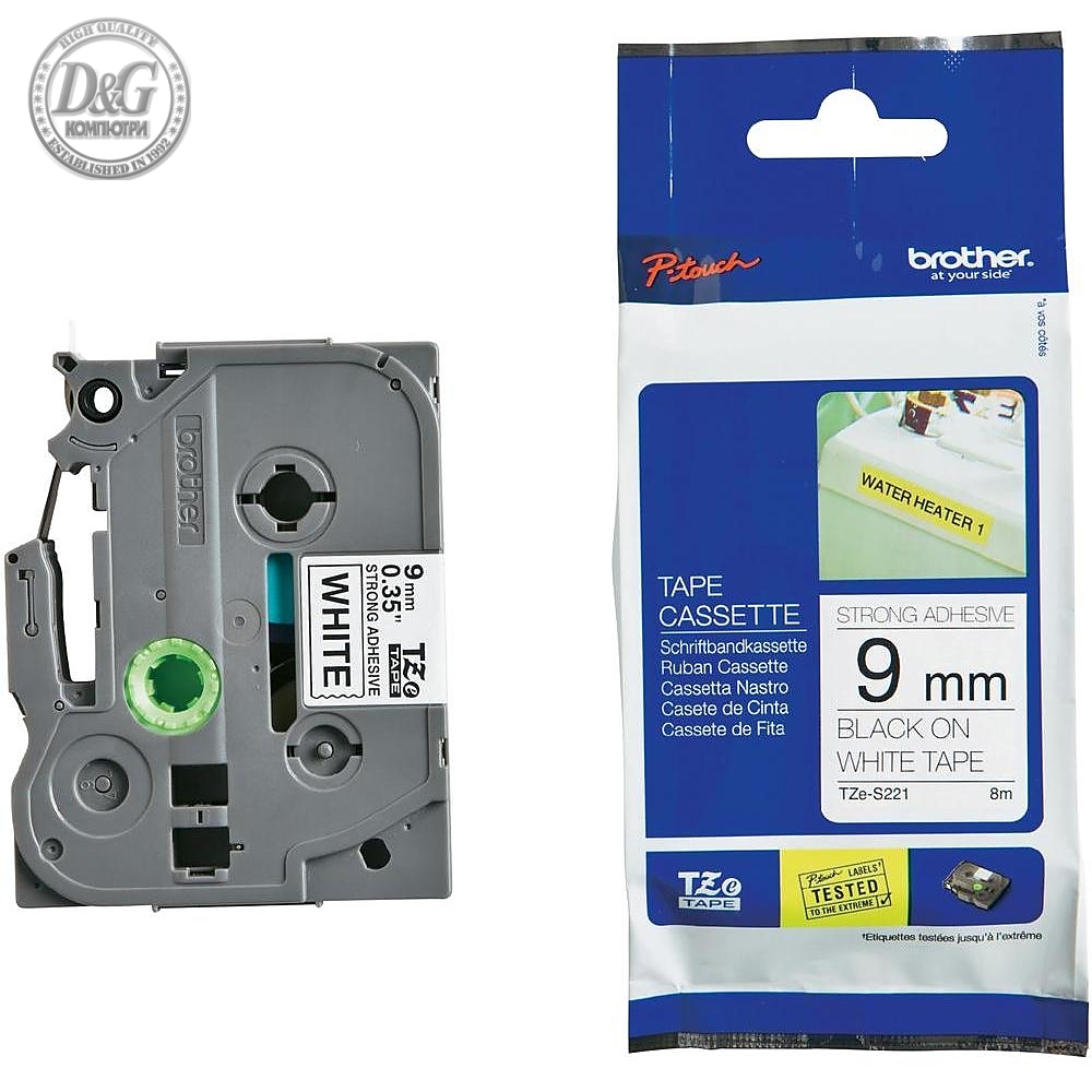 Brother TZe-S221 Tape Black on White, Strong Adhesive, 9mm, 8m