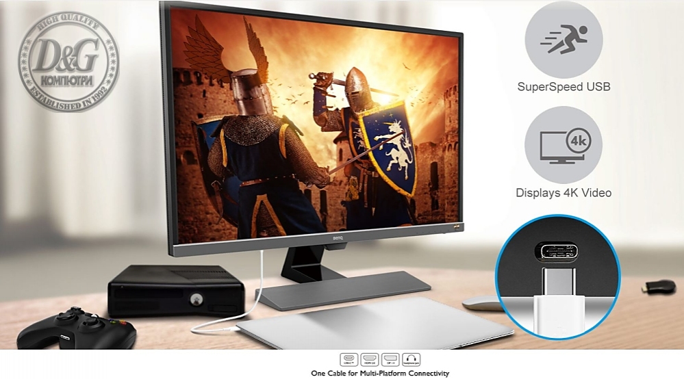 BenQ EW3270UE, 31.5" VA, 4ms, 3840x2160 4K UHD, FreeSync, Entertainment Monitor, HDR, 95% DCI-P3, Opt-Clarity, Flicker-free, LBL, B.I.+, Super Resolution, 3000:1, 20M:1 DCR, 10 bit, 300 cd/m2, HDMI, DP, USB Type-C, Speakers, Tilt, Metallic Grey