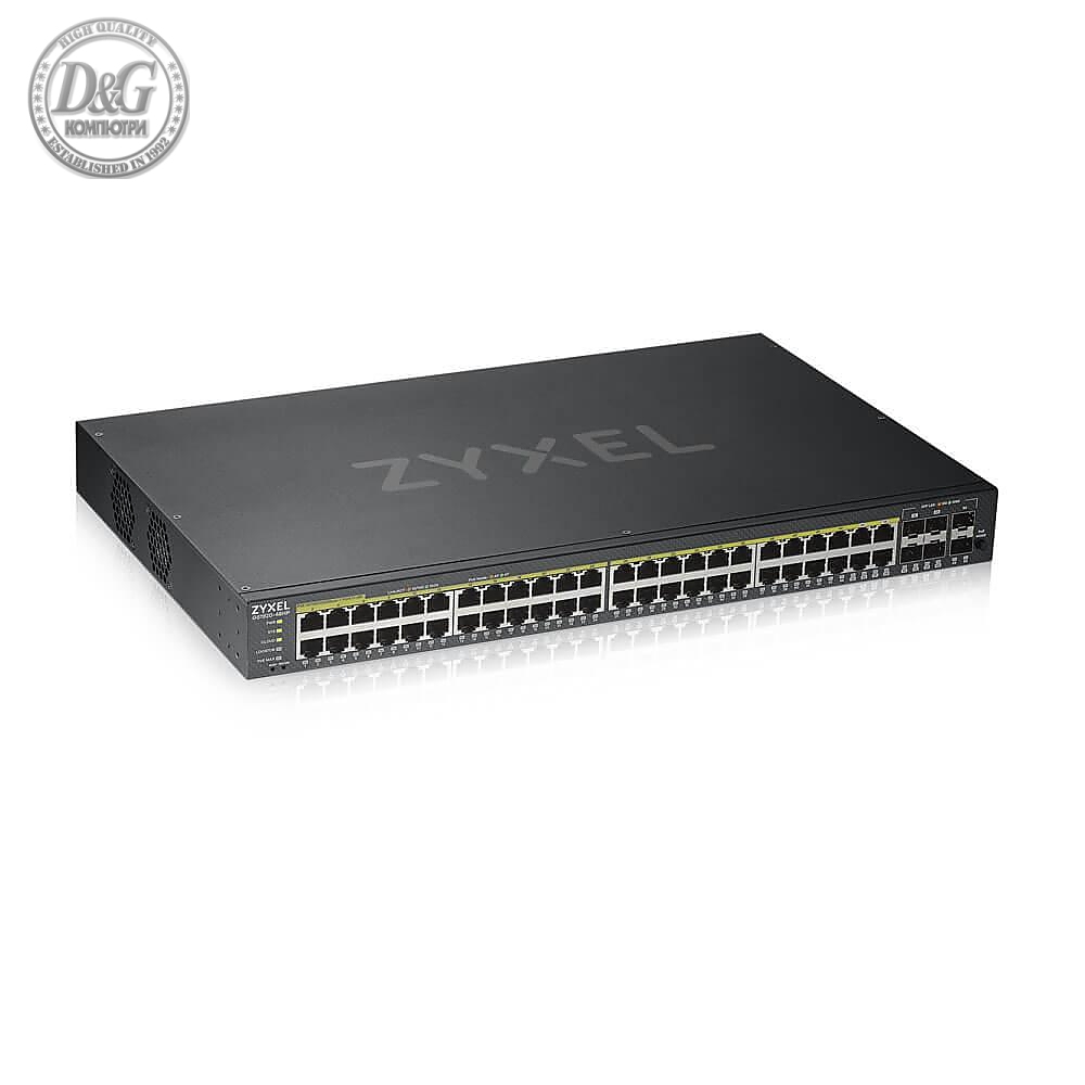 Суич ZYXEL GS1920-48HP, 44х GbE порта, 4х Combo порта SFP/RJ-45, управляем, за монтаж в шкаф