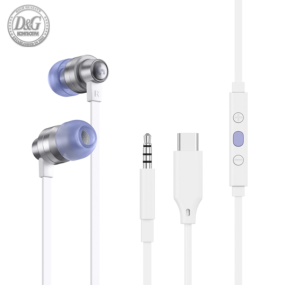 Геймърски слушалки с микрофон Logitech G333 In-ear 3.5 mm + USB-C adapter, тапи жични, бели