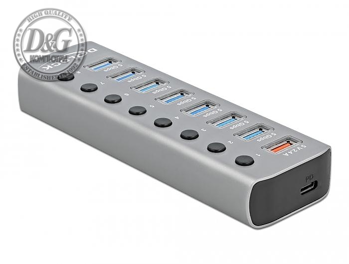USB хъб Type-C Delock 63264, 7 x USB-A, 1 Fast Charging Port, 1 x USB-B, 1 x USB-C PD, Подсветка, Сив