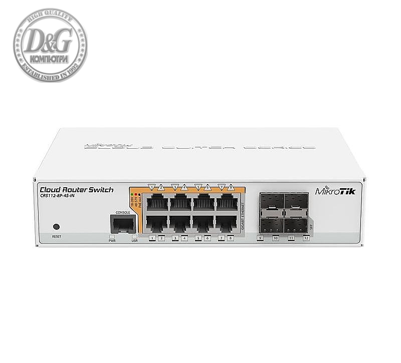Суич MikroTik CRS112-8P-4S-IN, 8 x Gigabit Ethernet ports, 10/100/1000Mbps, 4 x SFP