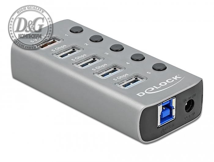 USB хъб Delock 3.2 Gen 1, 4 x USB-A, 1 Fast Charging Port, 1 x USB-B, Подсветка, Сив