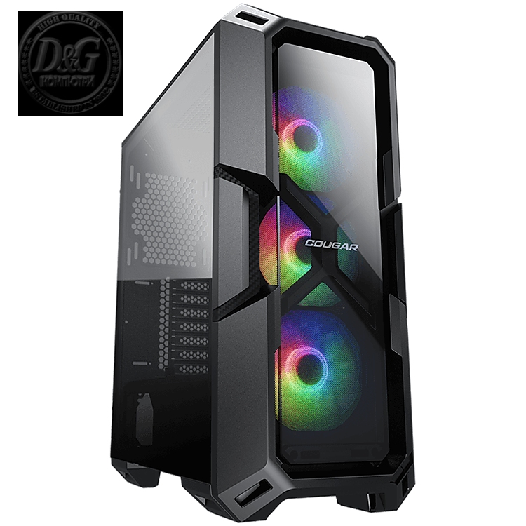 COUGAR MX440-G RGB, Mid-Tower, Mini ITX/Micro ATX/ATX, 215x505x424(mm), USB 3.0 x 2, USB 2.0 x 1, Mic x 1 / Audio x 1, RGB Button, 4mm Tempered Glass Front and Left Panel, 120mm ARGB Fans x 3 pre-installed, Maximum Number of Fans: 6