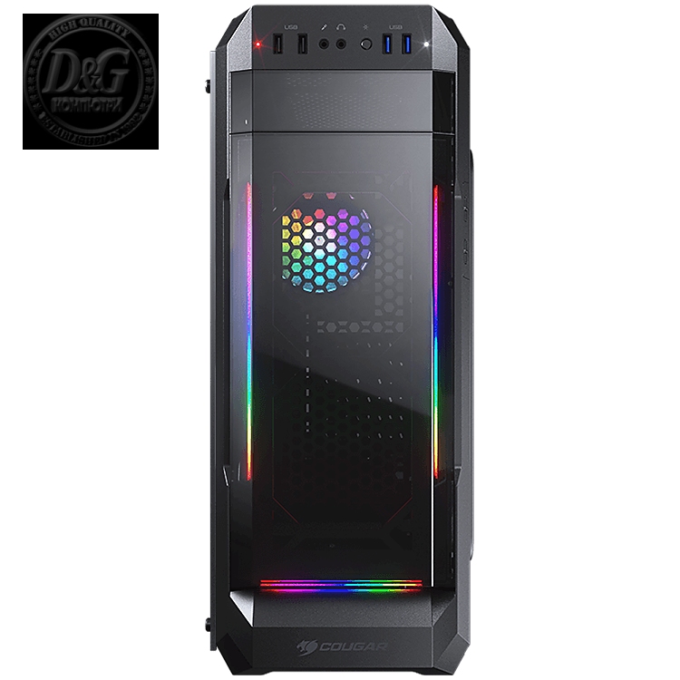 COUGAR MX331-T, Mid Tower, MiniITX/MicroATX/ATX, 204x481x443(mm), USB 3.0 x 2, USB 2.0 x 2, Mic x 1 / Audio x 1, RGB Control Button, Acyrlic with ARGB strips Front Panel, 120mm x 1(ARGB fan x1 pre-installed), 4mm Tempered Glass Left Panel, 5 Fans Max
