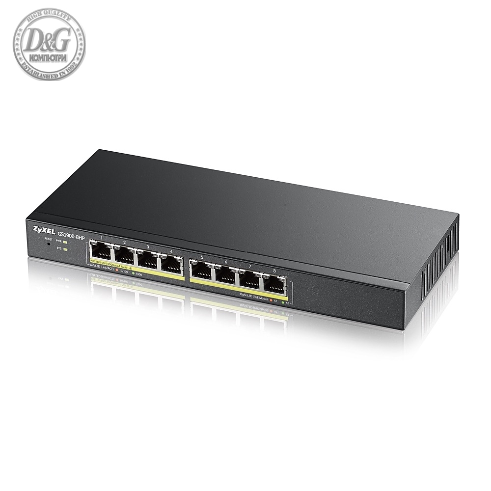 ZyXEL GS1900-8HP, 8-port GbE L2 PoE Smart Switch, 802.3at, desktop, fanless, 70 Watt