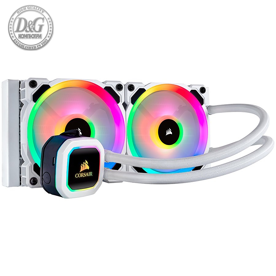 Corsair Hydro Series H100i RGB PLATINUM SE 240mm Liquid CPU Cooler, an all-in-one liquid CPU cooler with a 240mm radiator and vivid RGB lighting in brilliant white housing, built for extreme CPU cooling, dual LL120 RGB PWM fans