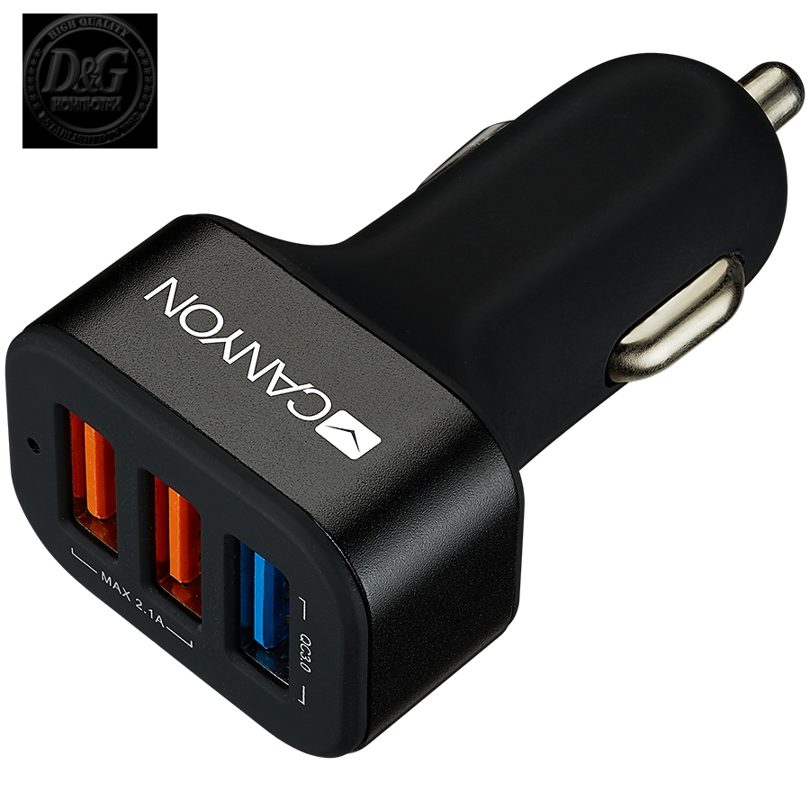 CANYON C-07 Universal 3xUSB car adapter(1 USB with Quick Charger QC3.0), Input 12-24V, Output USB/5V-2.1A+QC3.0/5V-2.4A&9V-2A&12V-1.5A, with Smart IC, black rubber coating+black metal ring+QC3.0 port with blue/other ports in orange, 66*35.2*25.1mm, 0.025