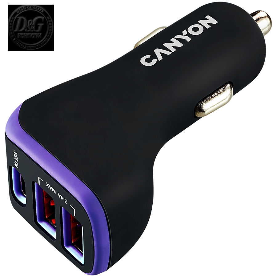CANYON Universal 3xUSB car adapter, Input 12V-24V, Output DC USB-A 5V/2.4A(Max) + Type-C PD 18W, with Smart IC, Black+Purple with rubber coating, 71*39*26.2mm, 0.028kg