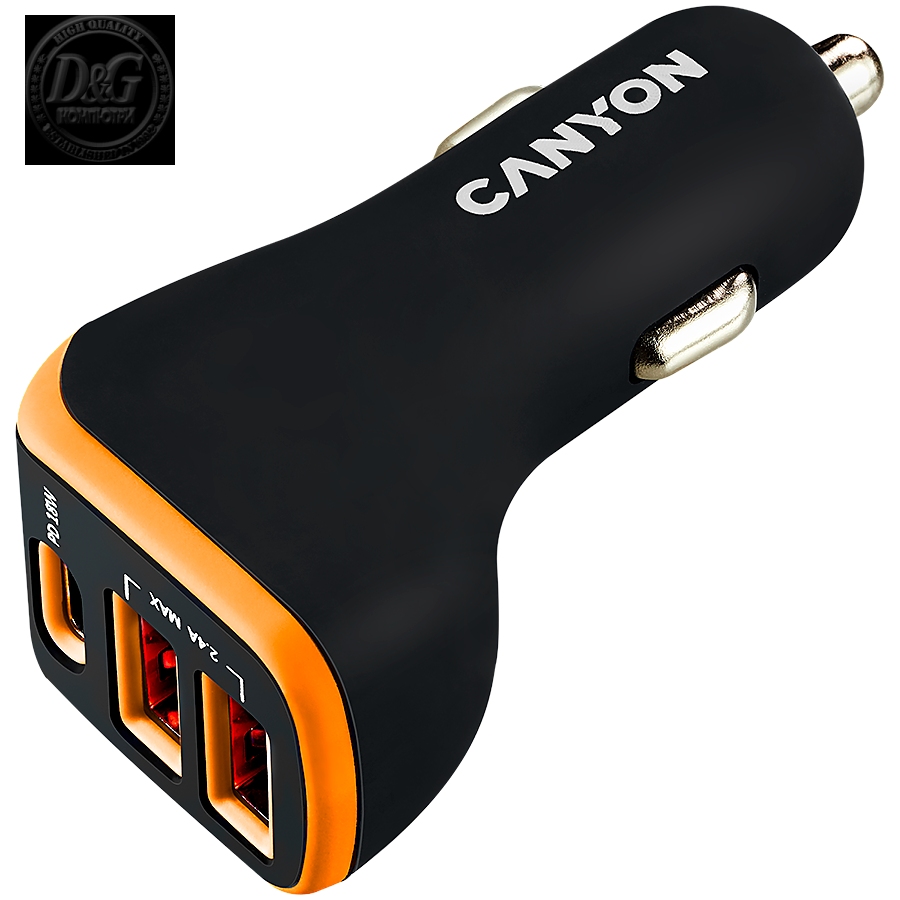 CANYON Universal 3xUSB car adapter, Input 12V-24V, Output DC USB-A 5V/2.4A(Max) + Type-C PD 18W, with Smart IC, Black+Orange with rubber coating, 71*39*26.2mm, 0.028kg