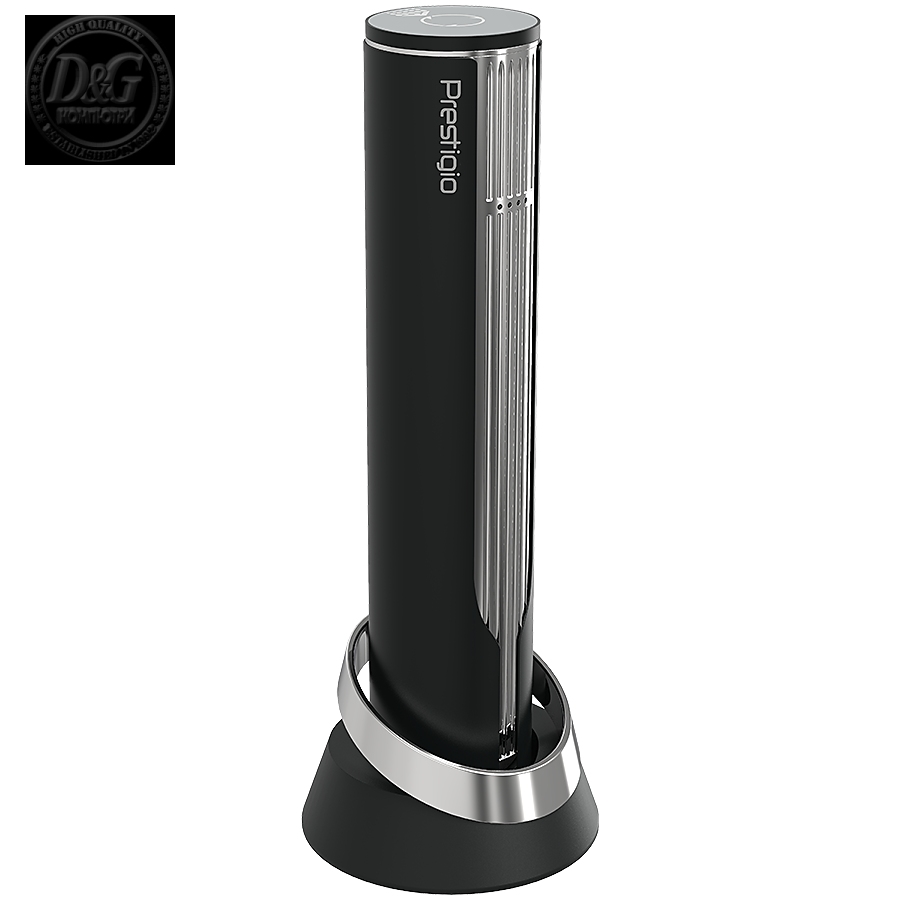 Prestigio Maggiore, smart wine opener, 100% automatic, opens up to 70 bottles without recharging, foil cutter included, premium design, 480mAh battery, Dimensions D 48*H228mm, black + silver color.