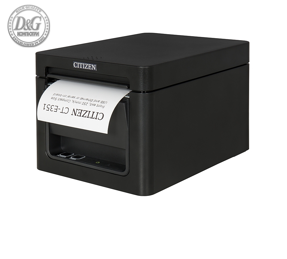 Citizen POS printer CT-E351 Direct thermal Print Speed 250mm/s, Print Widht 72mm(58/80mm)/Media Width(min-max) 59/80mm/Roll Size(max)83mm/Emul.Lang.ESC/POS/Reliability 200mln.pulses/150 Km/2 mln.cuts/Resol.203dpi/Interface USB/Ethernet/EN Plug(EU) Black