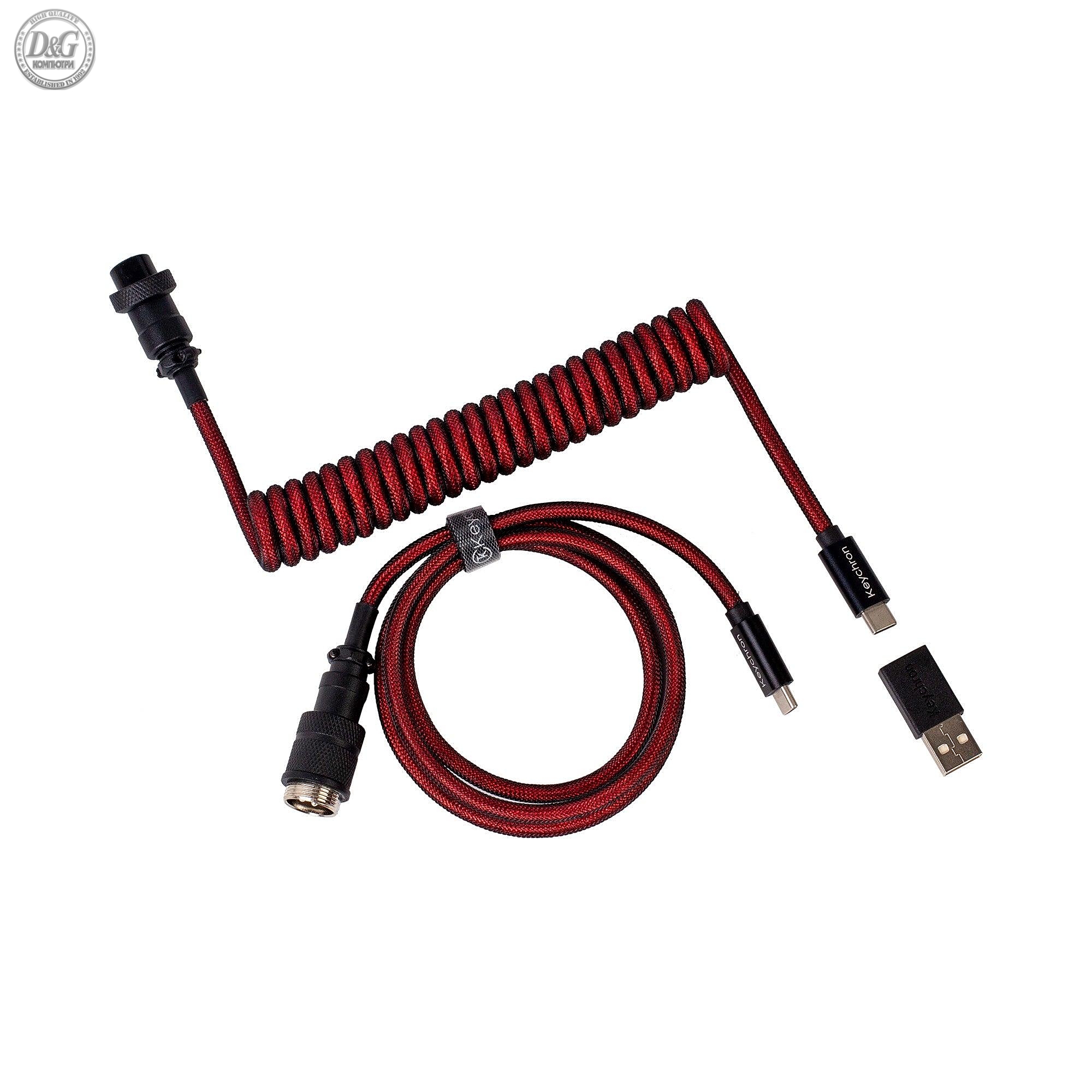 Кабел за клавиатура Keychron Premium Angled Red Coiled Aviator Custom USB Cable, USB-C - USB-C
