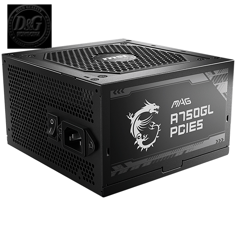 MSI MAG A750GL PCIE5, 750W, 80 Plus Gold, ATX Form Factor, 100~240 Vac Input Voltage, 47Hz ~ 63Hz Input Frequency, 120 mm Fan, 140 x 150 x 86mm, Active PFC, OCP, OVP, OPP, OTP, SCP, UVP, ATX, 2xEPS, 4XPCi-E, 8xSATA, 4xMOLEX, 1xFDD