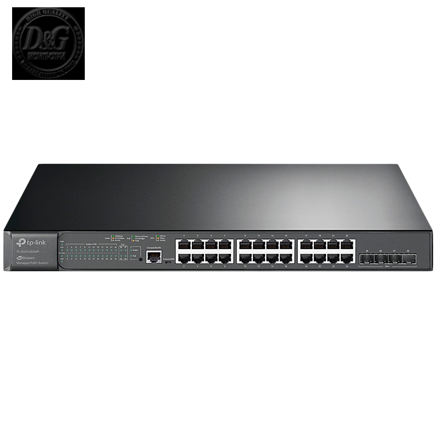 JetStream 24-Port Gigabit and 4-Port 10GE SFP+ L2+ Managed Switch with 24-Port PoE+PORT: 24Г— Gigabit PoE+ Ports, 4Г— 10G SFP+ Slots, RJ45/Micro-USB Console PortSPEC: 802.3at/af, 384 W PoE Power, 1U 19-inch Rack-mountable Steel Case