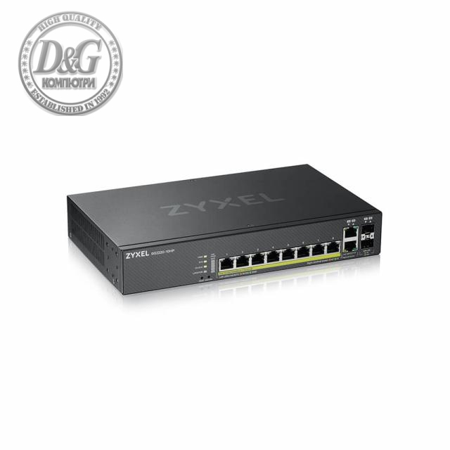 Суич ZyXEL GS-2220-10HP, 10 портов Layer2+, 8x Gigabit PoE + 2x Gigabit combo (RJ45/SFP), управляем