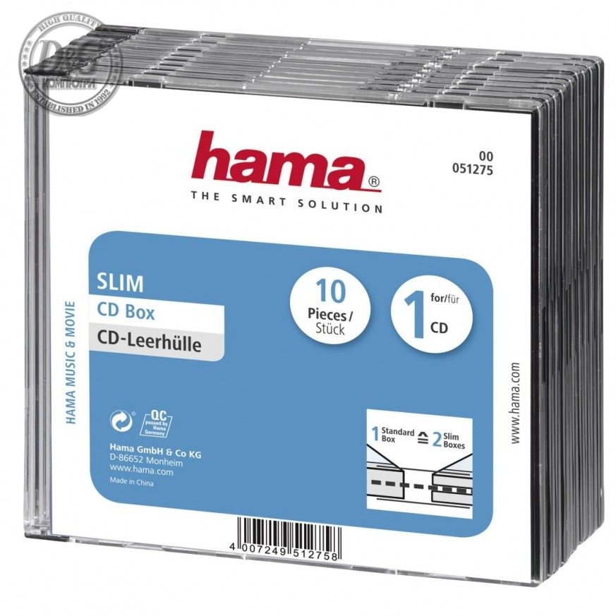 Hama Slim CD кутийки за дискове, опаковка от 10 бр, прозрачен/черен
