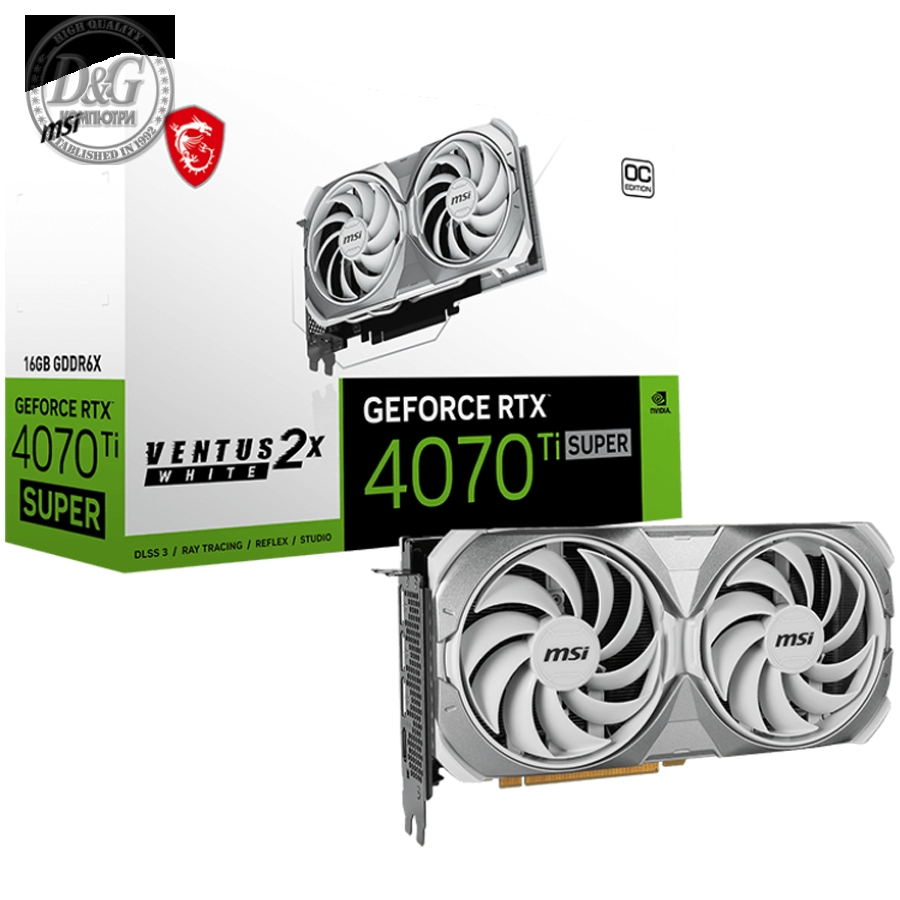 MSI Video Card Nvidia GeForce RTX 4070 TI SUPER 16G VENTUS 2X WHITE OC, 16GB GDDR6X, 256bit, Boost: 2640 MHz, 21Gbps, 8448 CUDA Cores, 3x DP 1.4a, HDMI 2.1a, RAY TRACING, Dual Fan, 1x16pin, 700W Recommended PSU, 3Y