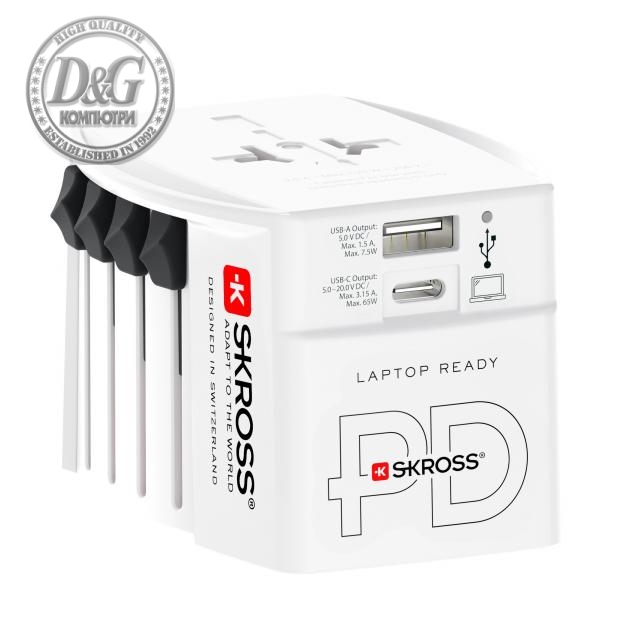 Адаптер SKROSS AC65PD, USB-A, USB-C, 1.302976, World, Бял