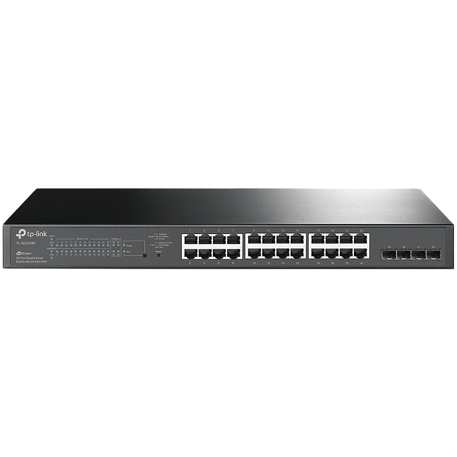 TP-Link SG2428P Omada 28-Port Gigabit Smart Switch with 24-Port PoE+, 24× Gigabit 802.3af/at PoE+ ports and 4× Gigabit SFP slots, 250 W total PoE budget, Omada app, Static Routing, VLAN, ACL, QoS, IGMP Snooping, Zero-Touch Provisioning