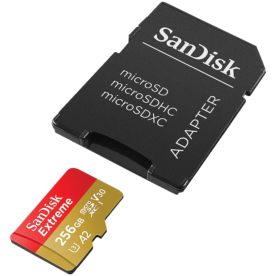 SANDISK Extreme 256GB microSDXC + SD Adapter + 1 year RescuePRO Deluxe up to 190MB/s & 130MB/s Read/Write speeds A2 C10 V30 UHS-I U3