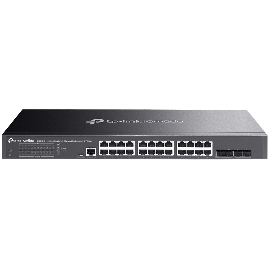 TP-Link SG3428 Omada 24-Port Gigabit L2+ Managed Switch with 4 SFP Slots, 24× Gigabit RJ45 ports and 4× Gigabit SFP slots, Omada APP, Static Routing, VLAN, ACL, QoS, IGMP Snooping, OAM, DDM, ERPS, Fanless, 1U, Zero-TouchProvisioning, ERPS