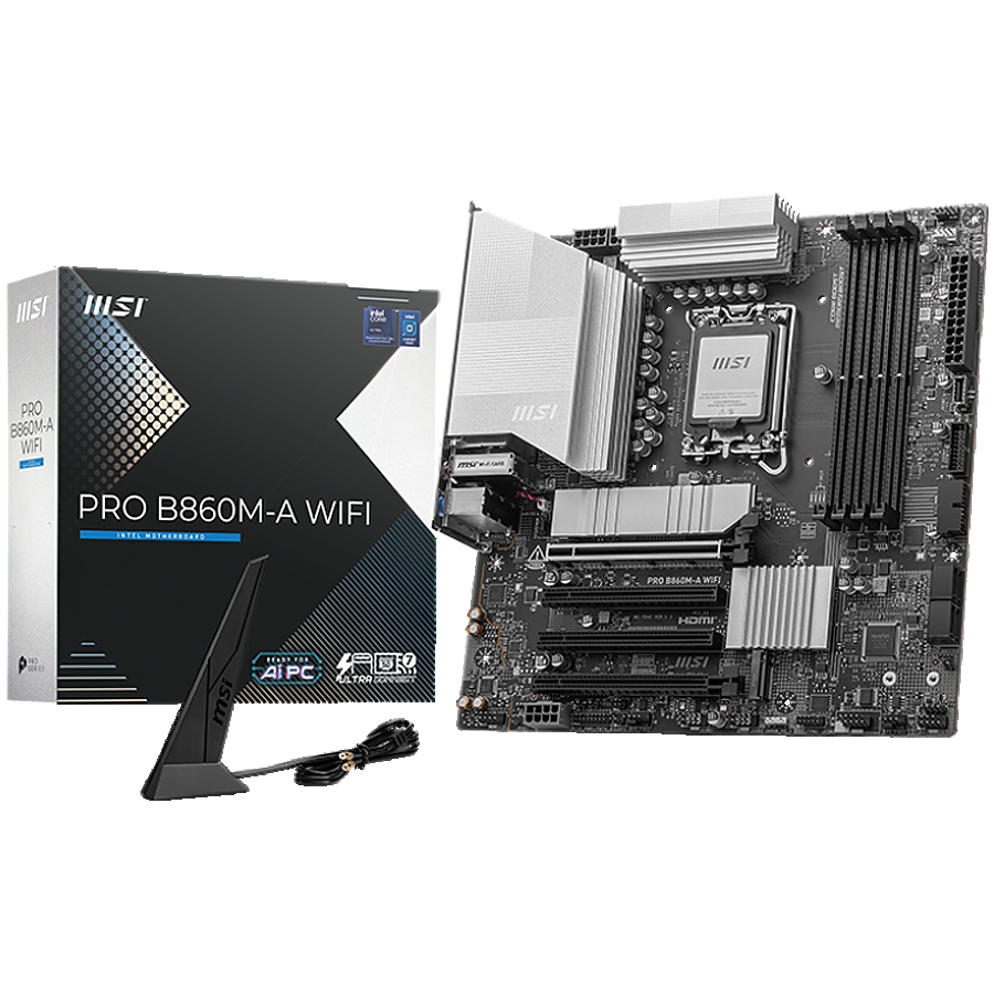 MSI PRO B860M-A WIFI, mATX, LGA 1851, 4x DDR5 Dual Channel DDR5 up to 8600(OC)MHz, 4x PCIe x16 slot, 3x M.2 slot, 2x USB 2.0, 2x USB 5Gbps, 1x USB 10Gbps, 1x USB 5Gbps Type-C, HDMI, DP, 7.1 HD Audio, 5G LAN, WiFi , BT, 3Y
