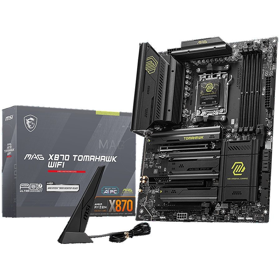 MSI MAG X870E TOMAHAWK WIFI, ATX, Socket AM5, 4x DDR5 Dual Channel DDR5 up to 8400(OC)MHz, 3x PCIe 3.0 x16 slot, 4x M.2 slot, 4x USB 2.0, 3x USB 5Gbps, 2x USB 10Gbps, 1x 10Gbps Type-C, 2x 40Gbps Type-C, HDMI, 7.1 HD Audio, 5G LAN, WiFI 7, BT, 3Y