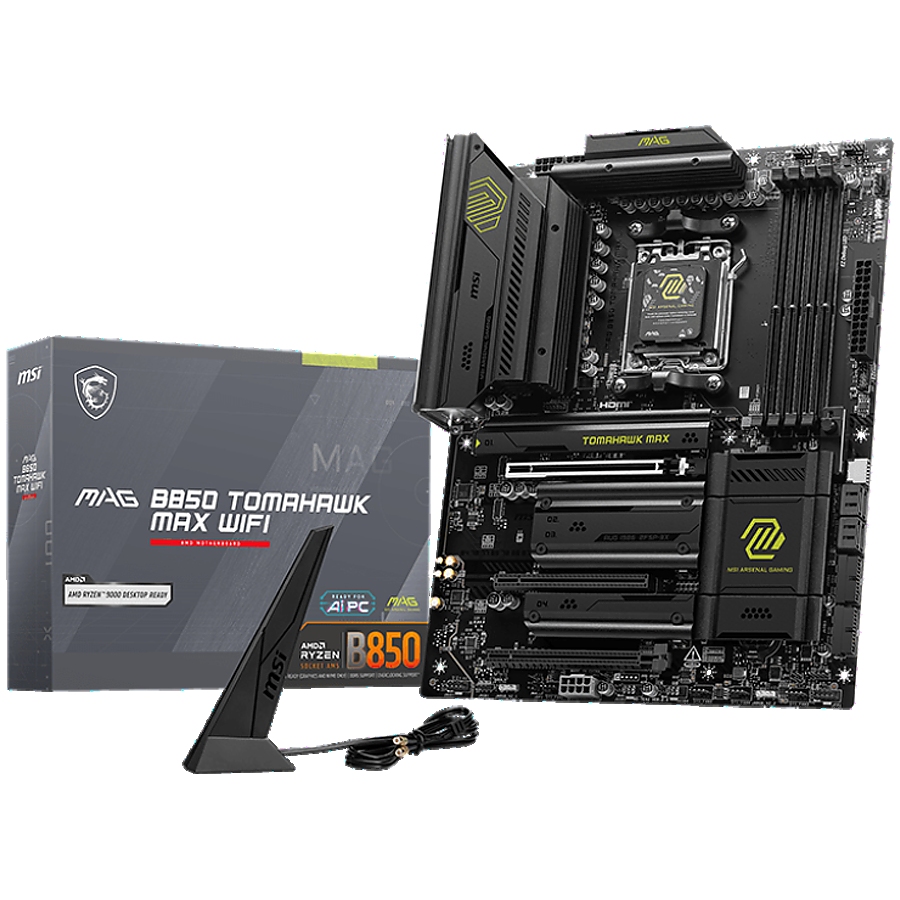 MSI MAG B850 TOMAHAWK MAX WIFI, ATX, Socket AM5, 4x DDR5 Dual Channel DDR5 up to 8400(OC)MHz, 3x PCIe 3.0 x16 slot, 4x M.2 slot, 4x USB 2.0, 1x USB 5Gbps, 2x USB 10Gbps, 3x USB 10Gbps Type-C, HDMI, 7.1 HD Audio, 5G LAN, WiFI 7, BT, 3Y