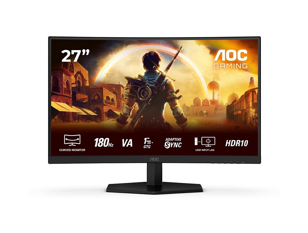 AOC C27G42E, 27" Curved 1500R, VA, WLED, 1920x1080@180Hz, 1ms GtG, 0.5ms MPRT, 300cd m/2, 3000:1, 80M:1 DCR, Adaptive Sync, FlickerFree, Low Blue Light, 2Wx2, Tilt, 2xHDMI, DP