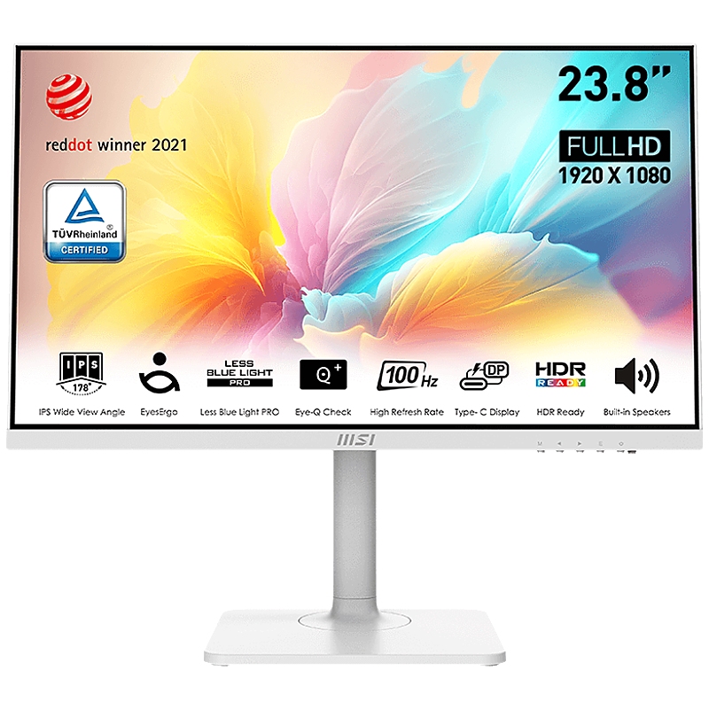 MSI MODERN MD2412PW Professional Business Monitor, 23.8" 100Hz, FHD (1920x1080) 16:9, IPS Anti-glare, 1ms/4ms, 250nits, 1000:1, 178/178, Adaptive-Sync, HDR Ready, Adjustable Stand, Speakers, 1x HDMI, 1x Type-C, White, 3Y Warranty