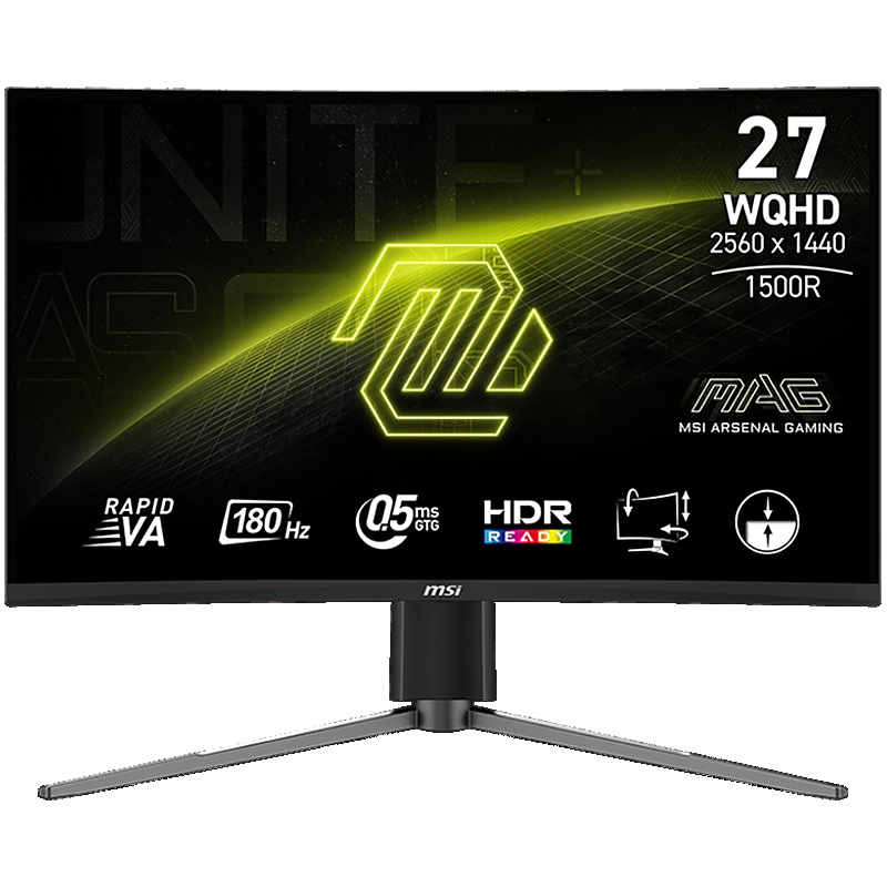 MSI MAG 27CQ6PF Curved Gaming Monitor, 27" 180Hz, WQHD (2560x1440) 16:9, Rapid VA Anti-glare, 1500R Curve, 0.5ms, 300nits, 5000:1, 178/178, AMD FreeSync, HDR Ready, Adjustable Stand, 1x DP, 2x HDMI, 3Y Warranty