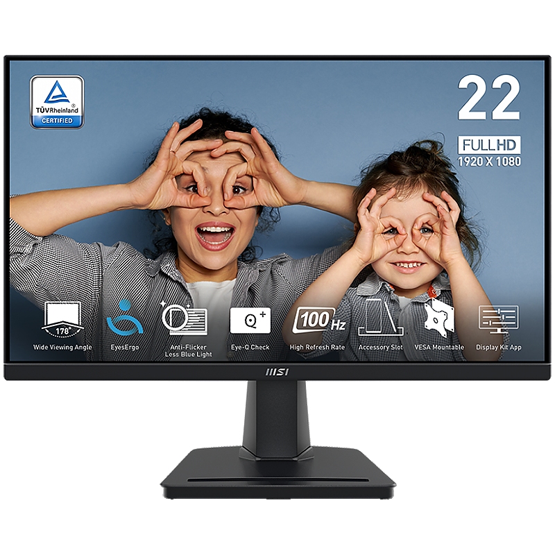 MSI PRO MP225V Professional Business Monitor, 21.45" 100Hz, FHD (1920x1080) 16:9, VA Anti-glare, 1ms/4ms, 300nits, 4000:1, 178/178, Adaptive-Sync, Tilt, 1x D-Sub(VGA), 1x HDMI, 3Y Warranty