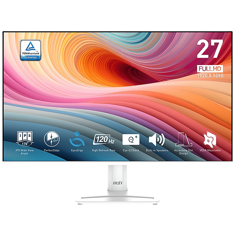 MSI PRO MP275W E2 Professional Business Monitor, 27" 120Hz, FHD (1920x1080) 16:9, IPS Anti-glare, 1ms/4ms, 300nits, 1500:1, 178/178, Adaptive-Sync, HDR Ready, Tilt, Speakers, 1x DP, 1x HDMI, 1x D-Sub, White, 3Y Warranty