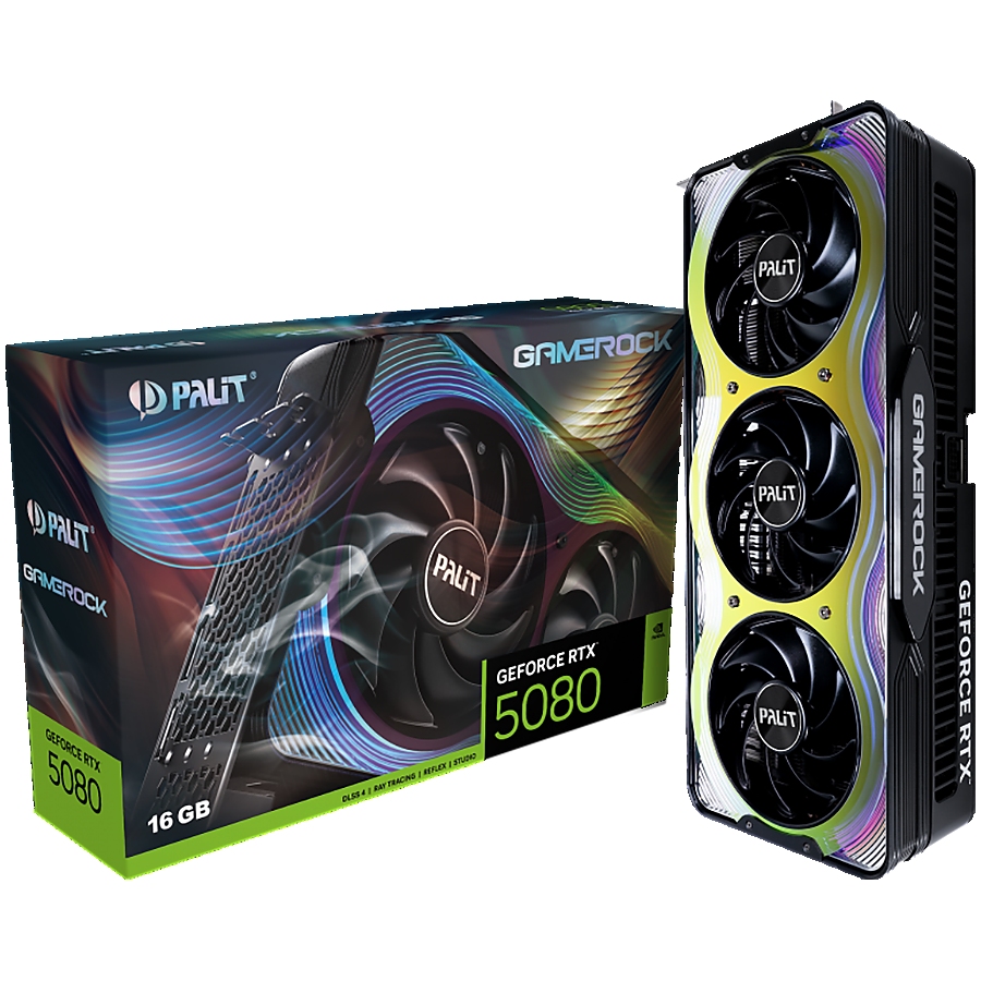 PALIT GeForce RTX 5080 GameRock 16GB GDDR7 256 bit, 1x HDMI 2.1b, 3x DP 2.1b, 3 Fan, 3x 8-pin pwr connector, 850W, 331.9 x 150 x 70.4 mm, NE75080019T2-GB2030G