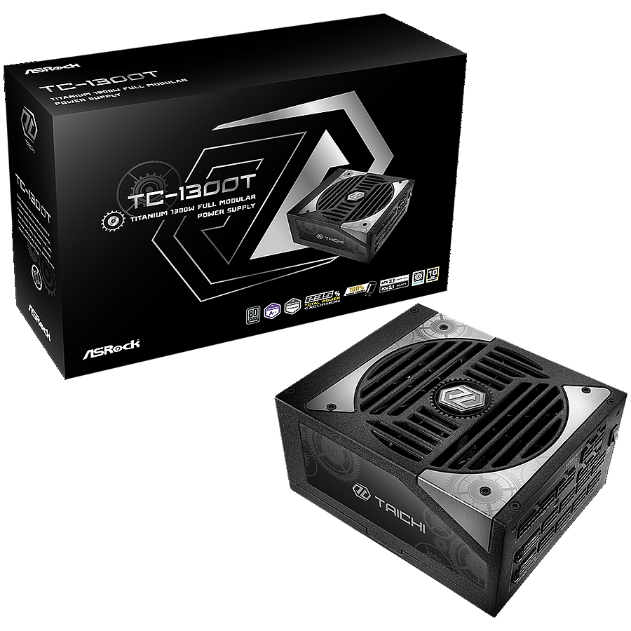 Asrock TC-1300T, 1300W, 80 Plus Titanium, Fully Modular PSU, Japanese Capacitors, 2x EPS 12V CPU(4+4pin), 2x PCIe5.1 (12+4pin), 8x PCIe (6+2pin), 3x 4-pin connectors, 9x SATA, OCP, SCP, OVP, UVP, OTP, OPP protections, 135 mm Axial Fan, ATX 3.1