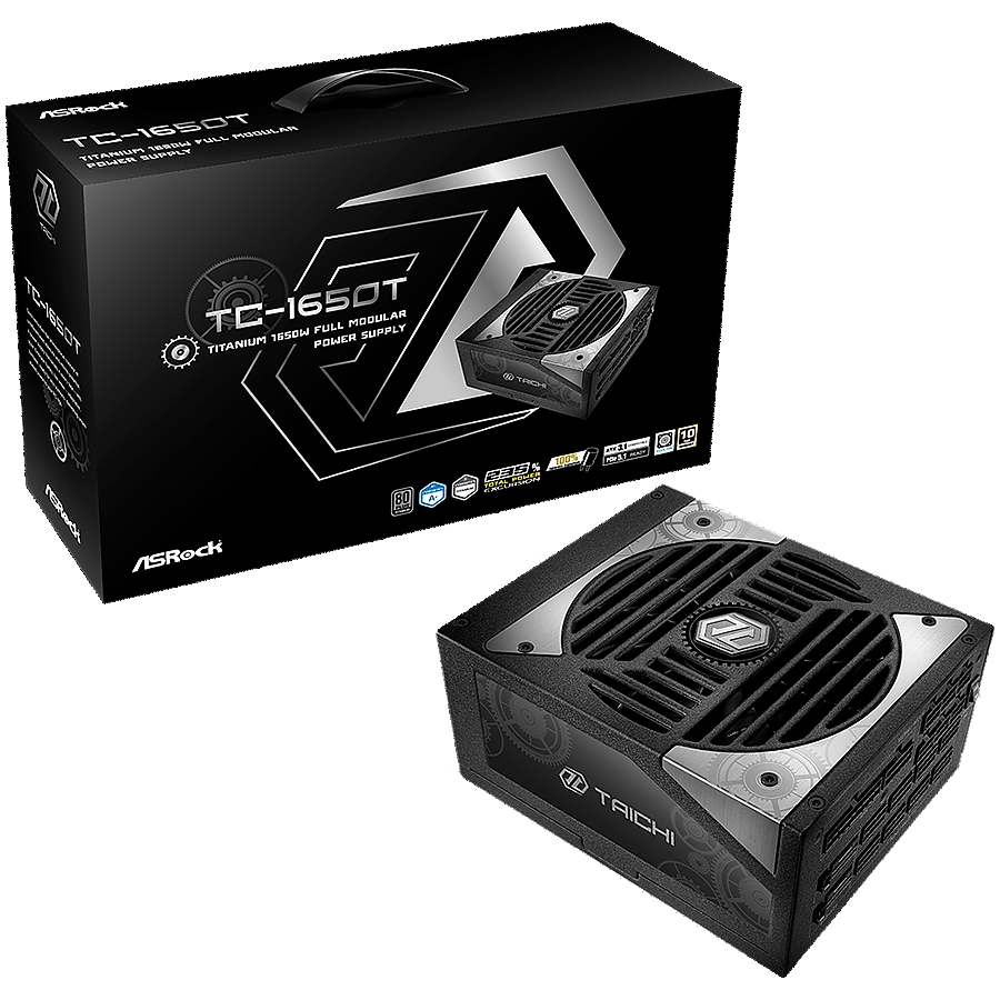 Asrock TC-1650T, 1650W, 80 Plus Titanium, Fully Modular PSU, Japanese Capacitors, 2x EPS 12V CPU(4+4pin), 2x PCIe5.1 (12+4pin), 8x PCIe (6+2pin), 6x 4-pin connectors, 12x SATA, OCP, SCP, OVP, UVP, OTP, OPP protections, 135 mm Axial Fan, ATX 3.1
