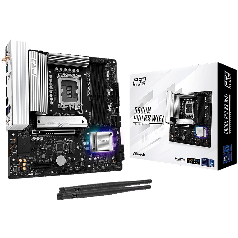ASROCK MB Desktop B860M Pro Rs Wi-fi, S.1851, 4x DDR5, 1x PCIe 5.0 x16, 1x PCIe 4.0 x4, 1x Blazing M.2, 2x Hyper M.2, 4x SATA3, 2x USB-C, 8x USB 3.2, 6x USB 2.0, 1x RJ-45 2.5GB Lan, 802.11axe Wi-Fi 6E + Bluetooth 5.3, ATX